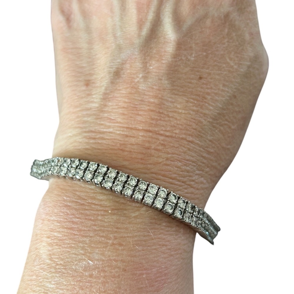 Double Row Tennis Bracelet Silver Tone Round Cut Clear Stone 9" Box Clasp